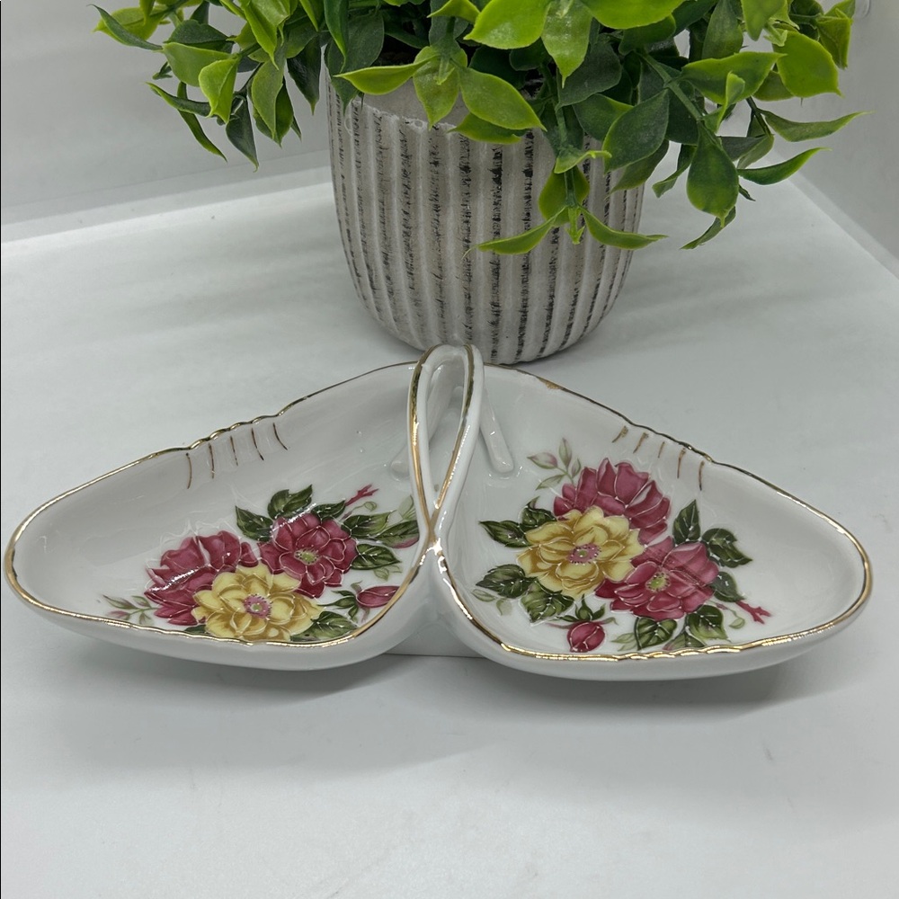 Floral Ceramic Dish with Gold Accent